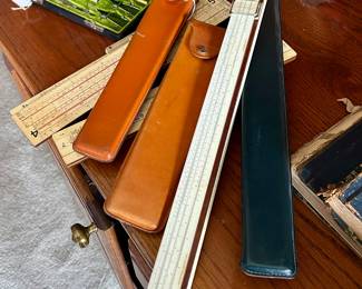 Vintage Slide Rulers with Leather Case and Drafting Tools