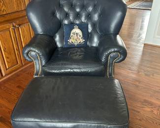 Drexel Heritage Blue Leather Chair and Ottoman