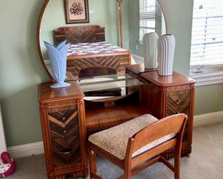 Vintage Art Deco Waterfall Vanity with Mirror and Stool and Full Size Bed