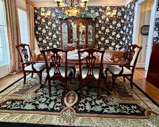 Drexel Dining Table and China Cabinet, and Handmade Momeni 8' x 11' Black, Green, Pink Wool Rug