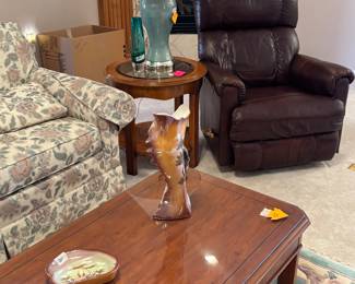 Recliner and nice side tables, lamp