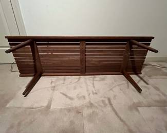 F63 - $300. Mid Century Slot Bench - Made in Yugoslavia. Measures 60" x 18" x 15.25" tall. Sturdy and in very good condition!