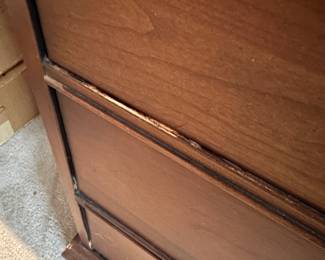 F11 - $275. (This photo shows the worst wear - the finish is rubbed off below one drawer and it isn't this noticeable in person.) National of Mt. Airy Solid Wood Dresser & Mirror. Very good vintage condition! Solid piece - all drawer slide easily. Measures 54" wide x 20" deep x 33.5" tall. Mirror is detachable and measures 41" wide x 33" tall. 