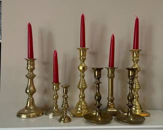 F5 - $30. Lot of Brass Candlesticks. 4 Carolina Brass the rest are unmarked. 