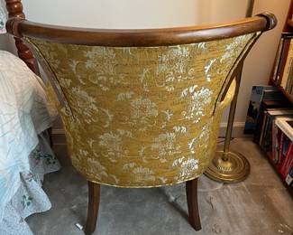 F71 - $30. Moore Furniture Gold Upholstered Chair. Wooden frame is in very good condition. Upholstery has wear. Measures 27" wide x 24" deep x 34" tall. 