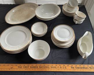 F43 - $10 White with Gold Trim. VERY worn and lots of crazed pieces. Would be great for under plants!