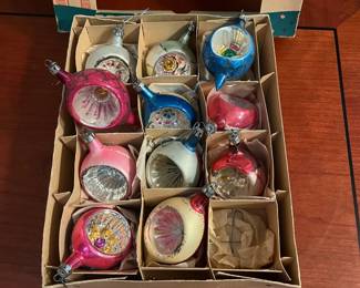 F33 - $100. Fantasia Brand Indent Christmas Ornaments in Box & 3 large ornaments (1 has a broken piece)