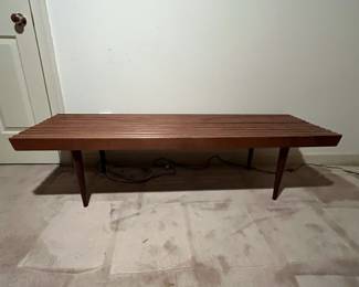 F63 - $300. Mid Century Slot Bench - Made in Yugoslavia. Measures 60" x 18" x 15.25" tall. Sturdy and in very good condition!