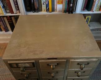 F57 - $550. Standard Wood Products. Small 12 Drawer Card Catalog on wheels. Measures 20.5" wide x 17.5" deep x 20" tall. Was used as a side table so the top has some water rings. (Missing 2 Pulls to hold the cards in place. We have 10 of 12)