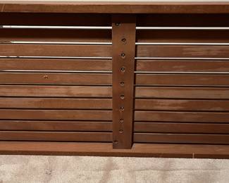 F63 - $300. Mid Century Slot Bench - Made in Yugoslavia. Measures 60" x 18" x 15.25" tall. Sturdy and in very good condition!
