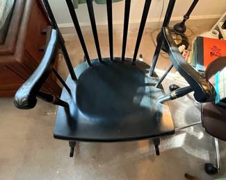 F84 - $60. Tell City Chairs Black Rocker. Tole Painted Black & gold. Measures 22" wide x 39" tall x 28.5" deep. 