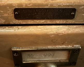 F57 - $550. Standard Wood Products. Small 12 Drawer Card Catalog on wheels. Measures 20.5" wide x 17.5" deep x 20" tall. Was used as a side table so the top has some water rings. (Missing 2 Pulls to hold the cards in place. We have 10 of 12)
