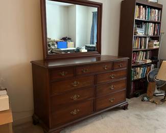 F11 - $275. National of Mt. Airy Solid Wood Dresser & Mirror. Very good vintage condition! Solid piece - all drawer slide easily. Measures 54" wide x 20" deep x 33.5" tall. Mirror is detachable and measures 41" wide x 33" tall. 