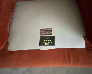 F82 - $40. Orange Upholstered Chair. Atlantic Interiors LTD. Measures 32" wide x 42" tall x 30" deep. Upholstery is in good condition!