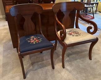 F7 - $750. Henkel-Harris Co.  Solid Wild Black Cherry. Drop Leaf Table. Style # 2123. Includes 4 chairs. Measures 44" wide x 6' long. 29" tall. 24" with the leaves down. Very good vintage condition - was always used with the table pads on it. 