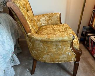 F71 - $30. Moore Furniture Gold Upholstered Chair. Wooden frame is in very good condition. Upholstery has wear. Measures 27" wide x 24" deep x 34" tall. 