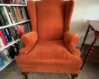 F82 - $40. Orange Upholstered Chair. Atlantic Interiors LTD. Measures 32" wide x 42" tall x 30" deep. Upholstery is in good condition!