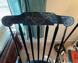 F84 - $60. Tell City Chairs Black Rocker. Tole Painted Black & gold. Measures 22" wide x 39" tall x 28.5" deep. 