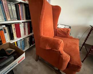 F82 - $40. Orange Upholstered Chair. Atlantic Interiors LTD. Measures 32" wide x 42" tall x 30" deep. Upholstery is in good condition!
