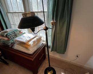 F85 - $60. Tole Painted Adjustable Floor Lamp. 56" tall. Metal with a metal shade. 