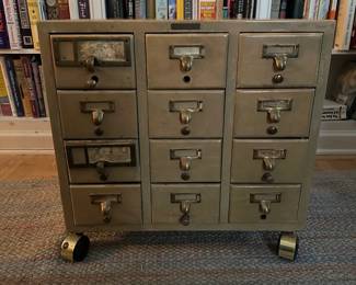 F57 - $550. Standard Wood Products. Small 12 Drawer Card Catalog on wheels. Measures 20.5" wide x 17.5" deep x 20" tall. Was used as a side table so the top has some water rings. (Missing 2 Pulls to hold the cards in place. We have 10 of 12)