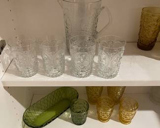 F25 - $50. Vintage Glass LOT. Amber glasses, clear glasses with dot pattern, green glass. 