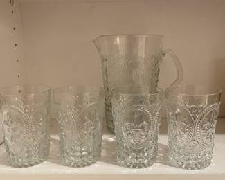 F25 - $50. Vintage Glass LOT. Amber glasses, clear glasses with dot pattern, green glass. 