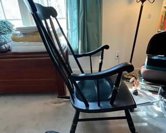 F84 - $60. Tell City Chairs Black Rocker. Tole Painted Black & gold. Measures 22" wide x 39" tall x 28.5" deep. 