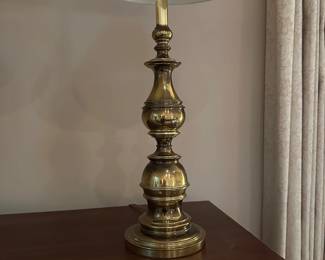 F1 - $80 PAIR. Vintage Brass Table Lamps. Both shades are in good condition. 36" tall. 