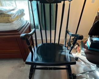 F84 - $60. Tell City Chairs Black Rocker. Tole Painted Black & gold. Measures 22" wide x 39" tall x 28.5" deep. 
