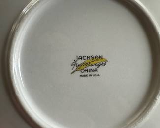F42 - $50. Jackson Featherweight China. Made in the USA. 6 Plates, 6 Bowls, 6 berry bowls, 6 dessert plates, 7 teacups, 6 saucers, Creamer & Sugar, Serving Bowls. Gently used. 