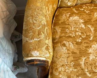 F71 - $30. Moore Furniture Gold Upholstered Chair. Wooden frame is in very good condition. Upholstery has wear. Measures 27" wide x 24" deep x 34" tall. 