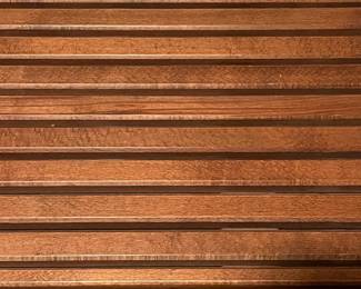 F63 - $300. Mid Century Slot Bench - Made in Yugoslavia. Measures 60" x 18" x 15.25" tall. Sturdy and in very good condition!