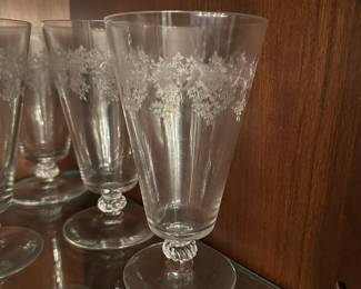 F45 - $35. 8 Glasses 6" tall. Etched Glass. All very good condition - no chips noted. 