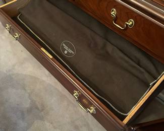 F8 - $950. Henkel-Harris China Cabinet. Moves in 2 pieces. Measures 5' wide x 17" deep x 79" tall. Base is 37". Top is 42". 