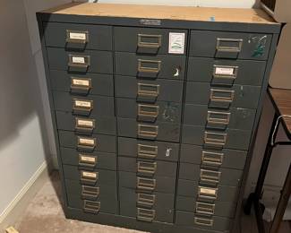 F89 - $150. 30 Drawer Metal Cabinet by SteelMaster. Measures 30" wide x 11.5" deep x 37" tall. 