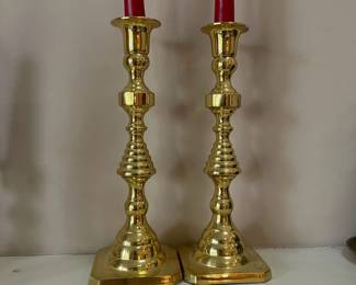 F5 - $30. Lot of Brass Candlesticks. 4 Carolina Brass the rest are unmarked. 