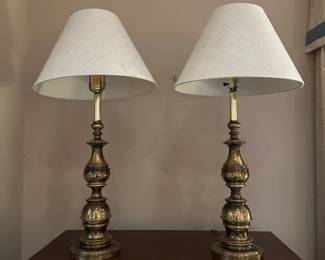 F1 - $80 PAIR. Vintage Brass Table Lamps. Both shades are in good condition. 36" tall. 