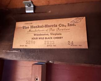 F7 - $750. Henkel-Harris Co.  Solid Wild Black Cherry. Drop Leaf Table. Style # 2123. Includes 4 chairs. Measures 44" wide x 6' long. 29" tall. 24" with the leaves down. Very good vintage condition - was always used with the table pads on it. 