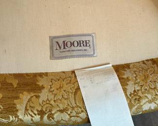 F71 - $30. Moore Furniture Gold Upholstered Chair. Wooden frame is in very good condition. Upholstery has wear. Measures 27" wide x 24" deep x 34" tall. 