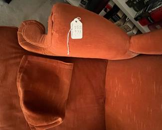 F82 - $40. Orange Upholstered Chair. Atlantic Interiors LTD. Measures 32" wide x 42" tall x 30" deep. Upholstery is in good condition!