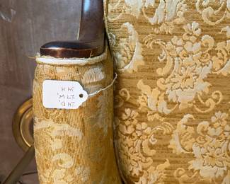 F71 - $30. Moore Furniture Gold Upholstered Chair. Wooden frame is in very good condition. Upholstery has wear. Measures 27" wide x 24" deep x 34" tall. 