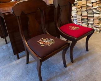 F7 - $750. Henkel-Harris Co.  Solid Wild Black Cherry. Drop Leaf Table. Style # 2123. Includes 4 chairs. Measures 44" wide x 6' long. 29" tall. 24" with the leaves down. Very good vintage condition - was always used with the table pads on it. 