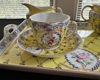 F13 - $150. Royal Danube #1886. Adeline. Tea Set for 4 + Serving Tray. 4 cup & saucers. 1 Tray. 1 Teapot. Cream & Sugar. 
