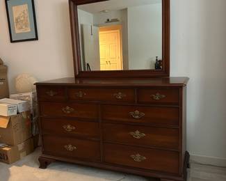 F11 - $275. National of Mt. Airy Solid Wood Dresser & Mirror. Very good vintage condition! Solid piece - all drawer slide easily. Measures 54" wide x 20" deep x 33.5" tall. Mirror is detachable and measures 41" wide x 33" tall. 