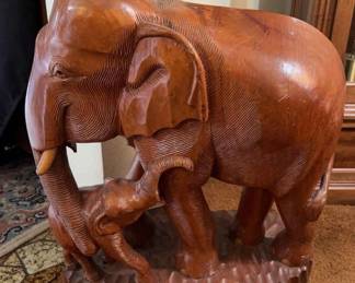 Carved Wood Elephant And Baby