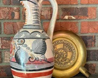 Mexican Tonala Handpainted Pitcher And Brass Ashtray