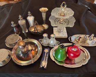 Salt Peppe Shakers Small Serving Trays and One Sterling Egg Holder