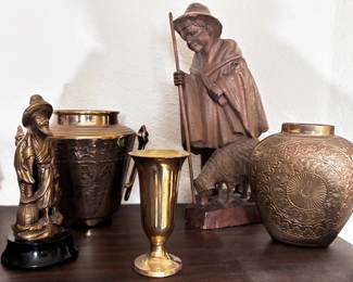Brass Vase Asian Brass Fisherman And Carved Wood Shepherd
