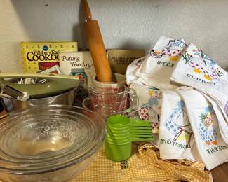 Vintage Kitchen Embroidered Week Towels Fiestaware Bowl